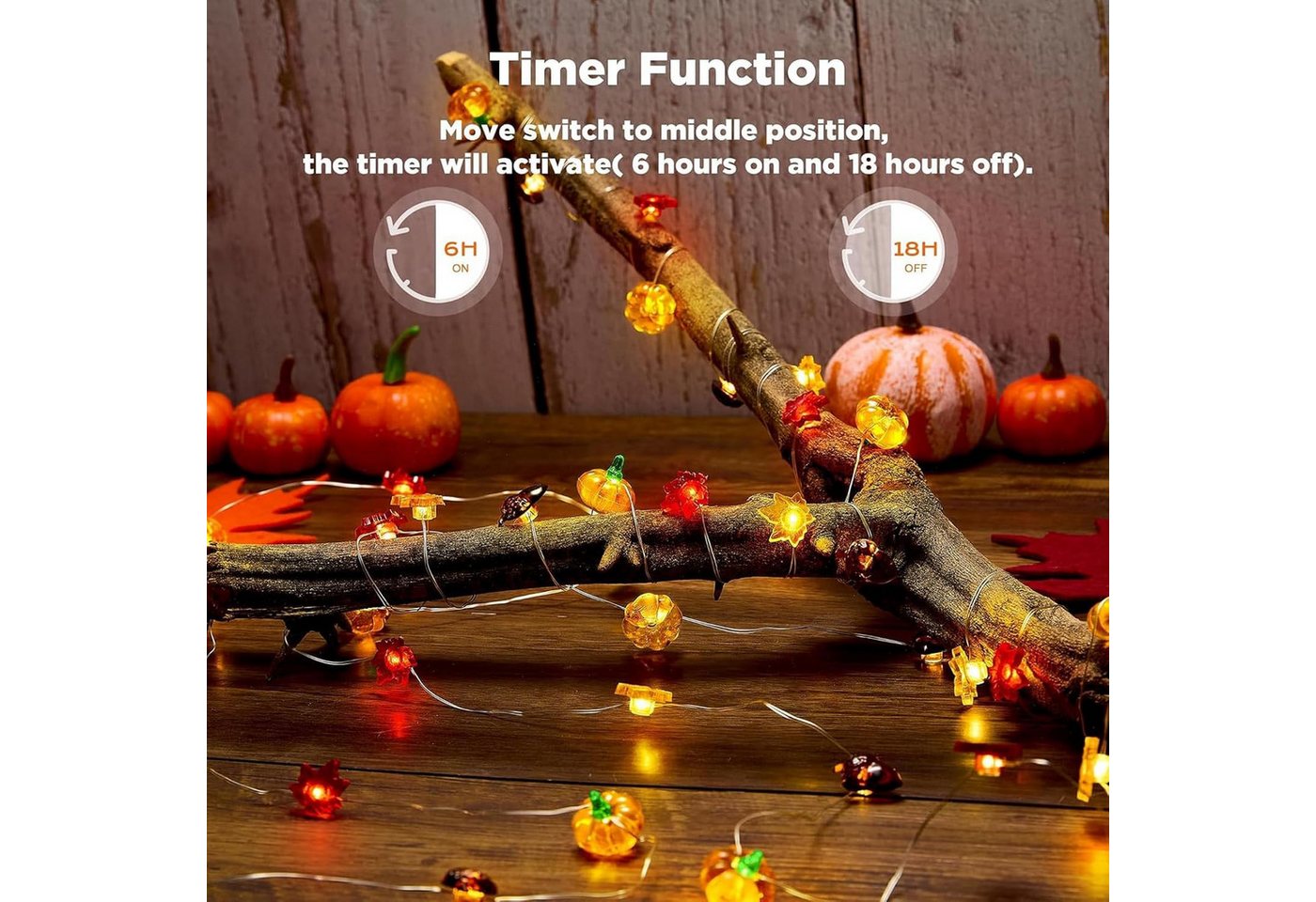 FELIXLEO LED Dekolicht 2PCS Herbst Deko Lichterkette Timer 2m 20 LED Kürbis Ahornblatt – Bild 3 von 5