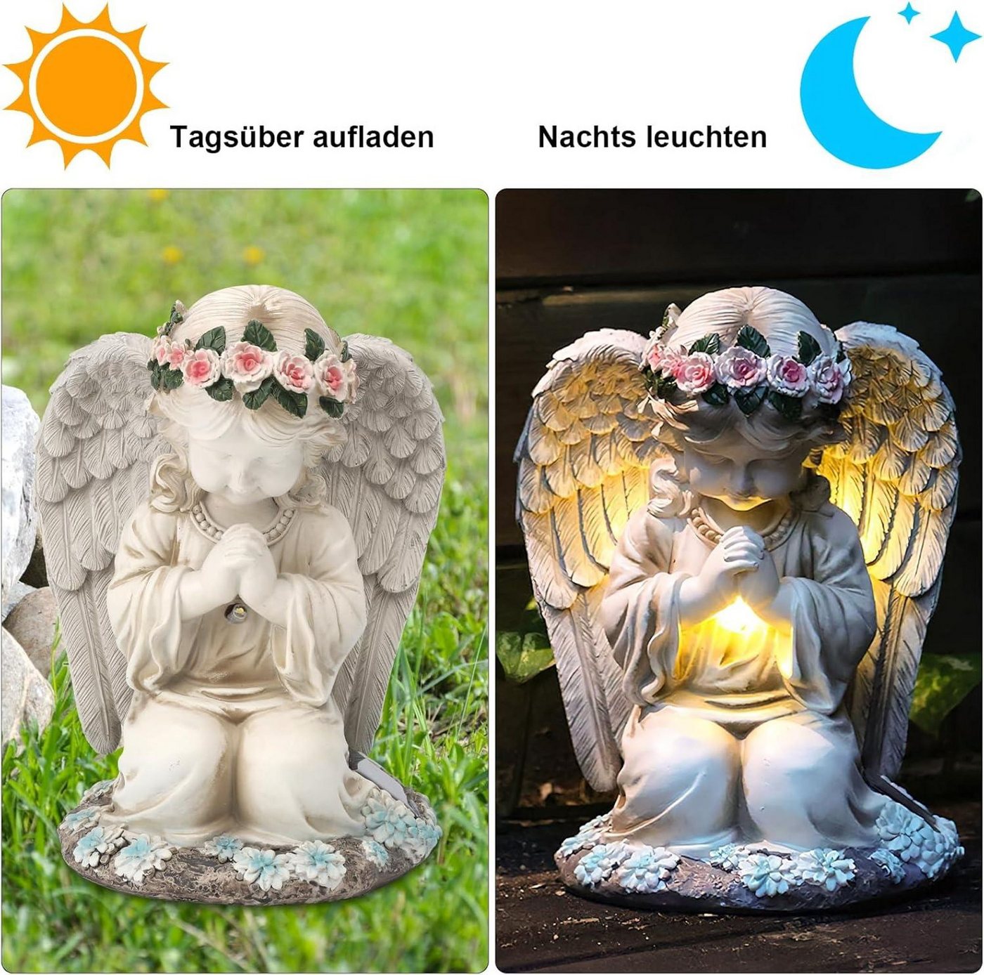 FELIXLEO LED-Trinkglas Gartenfigur, Grabengel, Solarleuchte, Grablicht, wetterfest, 1-tlg. – Bild 3 von 5