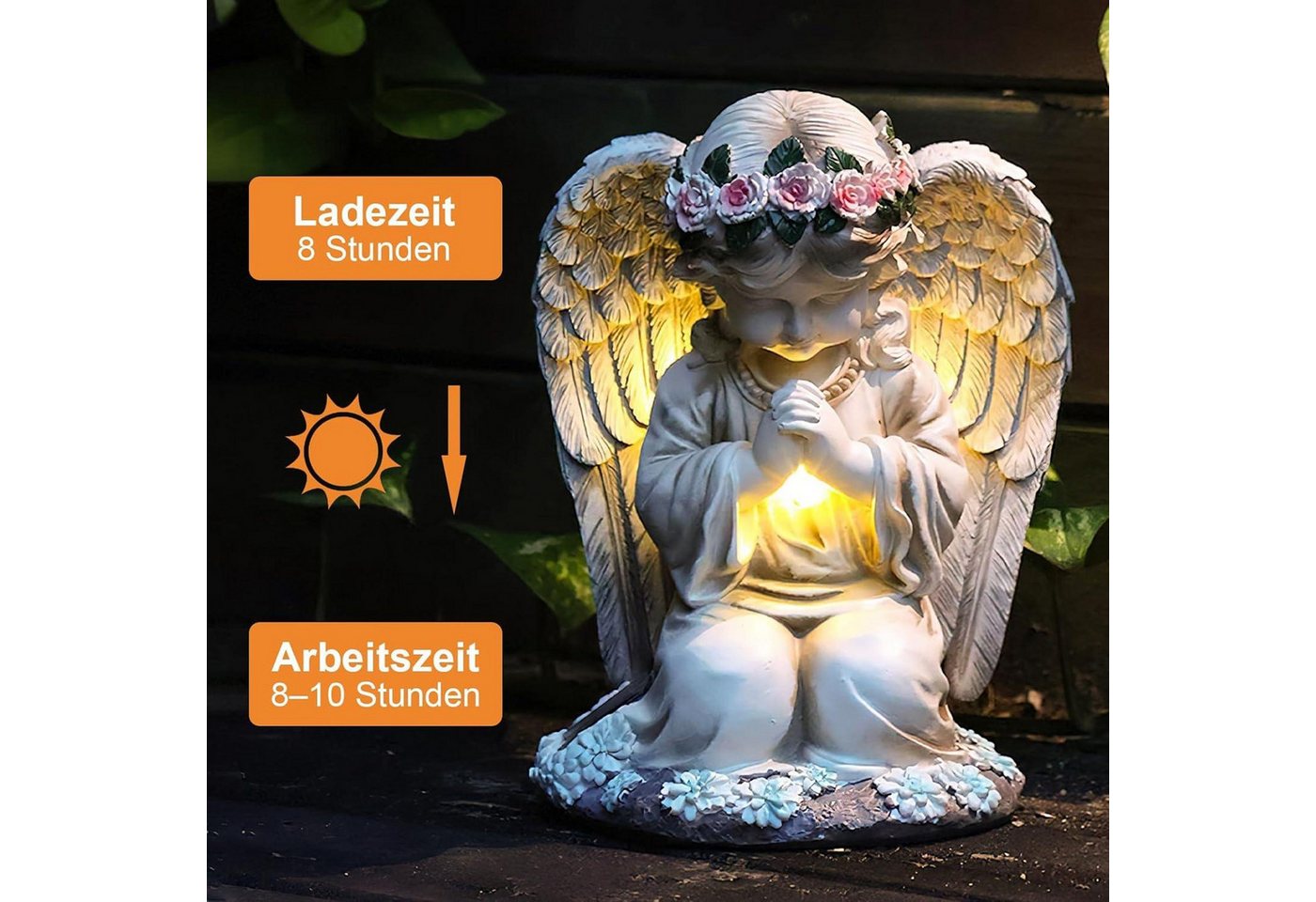 FELIXLEO LED-Trinkglas Gartenfigur, Grabengel, Solarleuchte, Grablicht, wetterfest, 1-tlg. – Bild 4 von 5