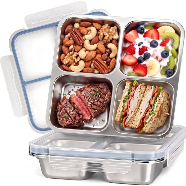 FELIXLEO Lunchbox 2er Snackbox Edelstahl 4 Fächer 720ML Bento Box leckdicht mit Deckel