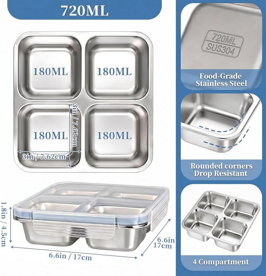 FELIXLEO Lunchbox 2er Snackbox Edelstahl 4 Fächer 720ML Bento Box leckdicht mit Deckel – Bild 2 von 5