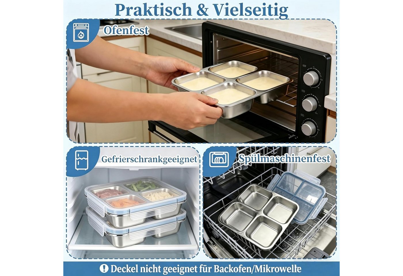 FELIXLEO Lunchbox 2er Snackbox Edelstahl 4 Fächer 720ML Bento Box leckdicht mit Deckel – Bild 3 von 5