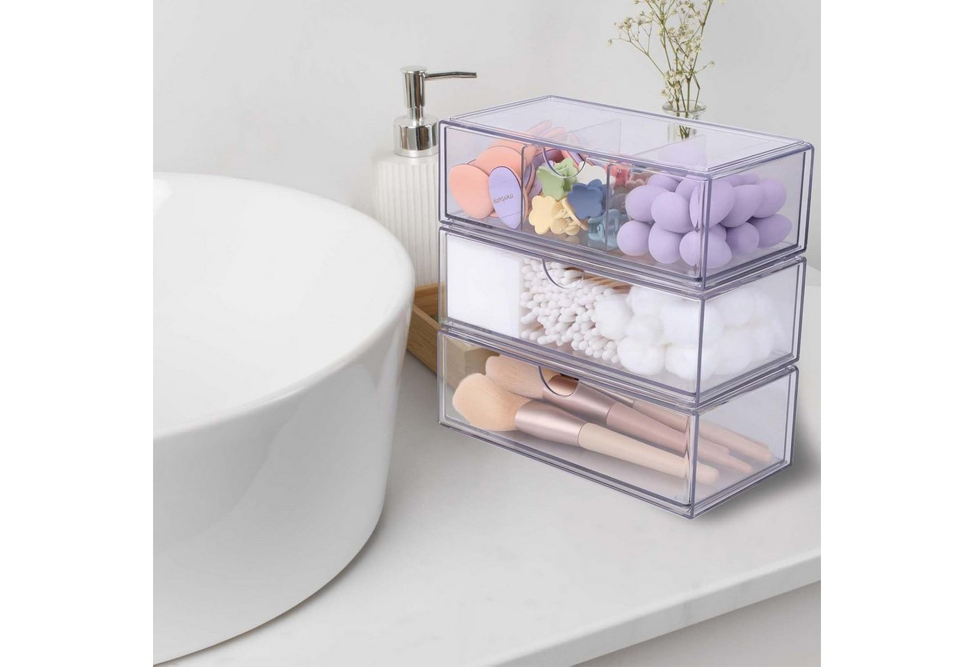 FELIXLEO Make-Up Organizer Badezimmer Organizer Mini 3er Set Acryl Stapelbar Transparent, 1-tlg. – Bild 2 von 5