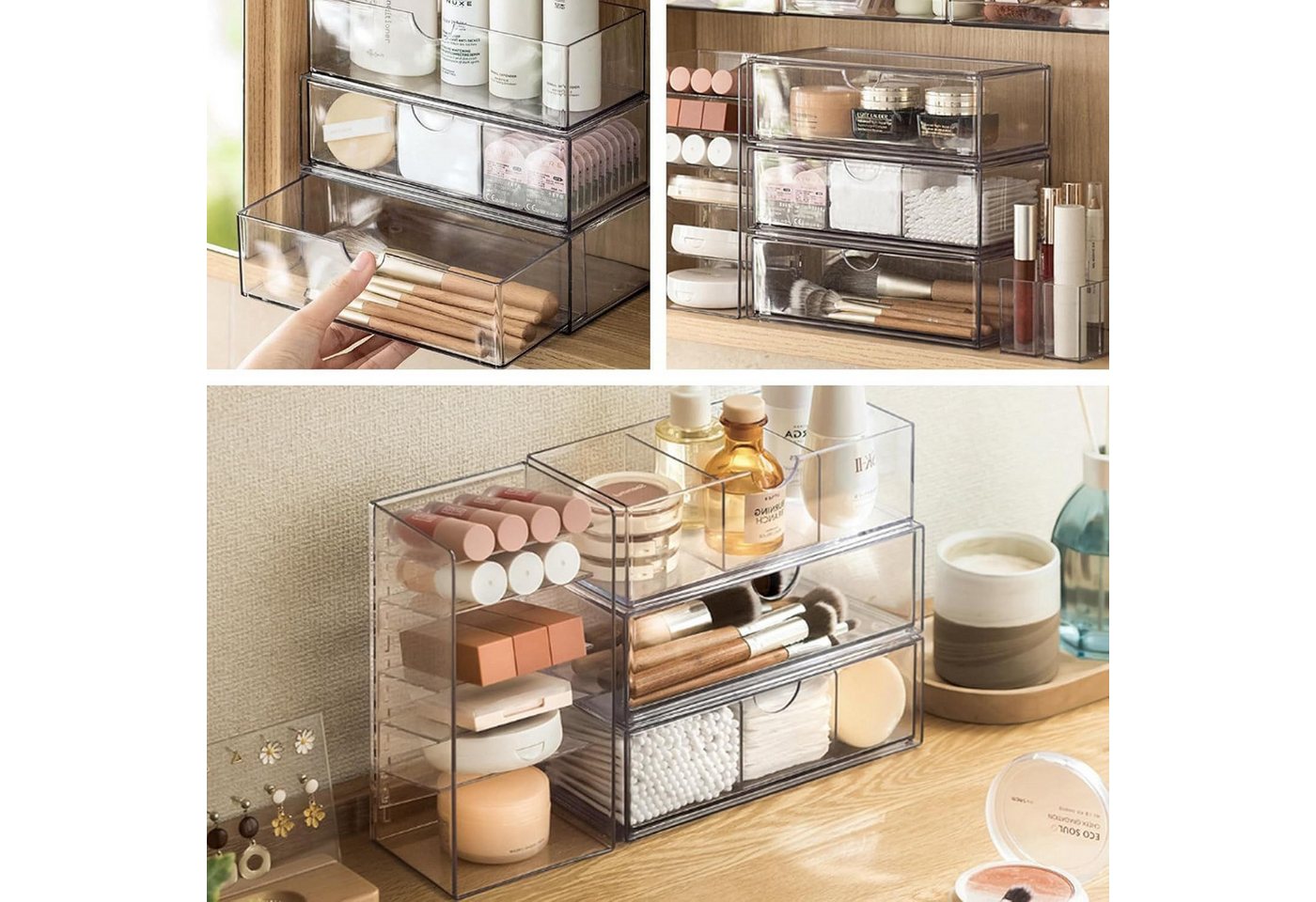 FELIXLEO Make-Up Organizer Badezimmer Organizer Mini 3er Set Acryl Stapelbar Transparent, 1-tlg. – Bild 5 von 5