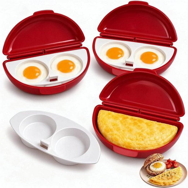 FELIXLEO Omelette-Maker Omelett Maker 2 in 1 Mikrowellen Eierkocher mit Deckel 3 Stück Rot