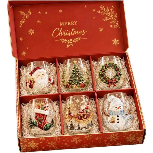 FELIXLEO Tasse 3D Weihnachtsgläser 6er Set, 300 Ml Stiellos Schneeflocken, 1-tlg.