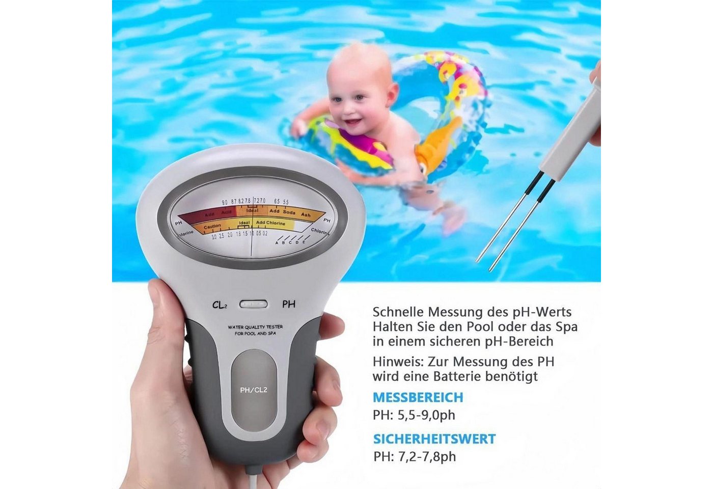 FELIXLEO Wassersensor 2 in 1 PH Chlor Tester Wassertester Pool Aquarium Messgerät, (1-St) – Bild 4 von 5