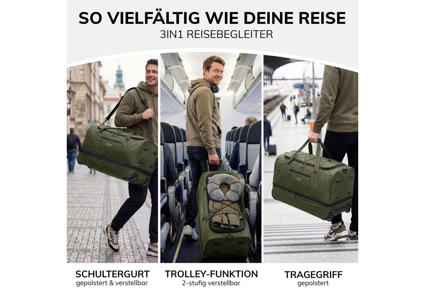 FERGÉ Reisetasche mit Rollen & extra Schuhfach, groß, Handgepäck, Tragetasche aus Nylon, Erweiterbare Reisetasche, Handgepäck / XL, Schuhfach & Außenfächer – Bild 2 von 5