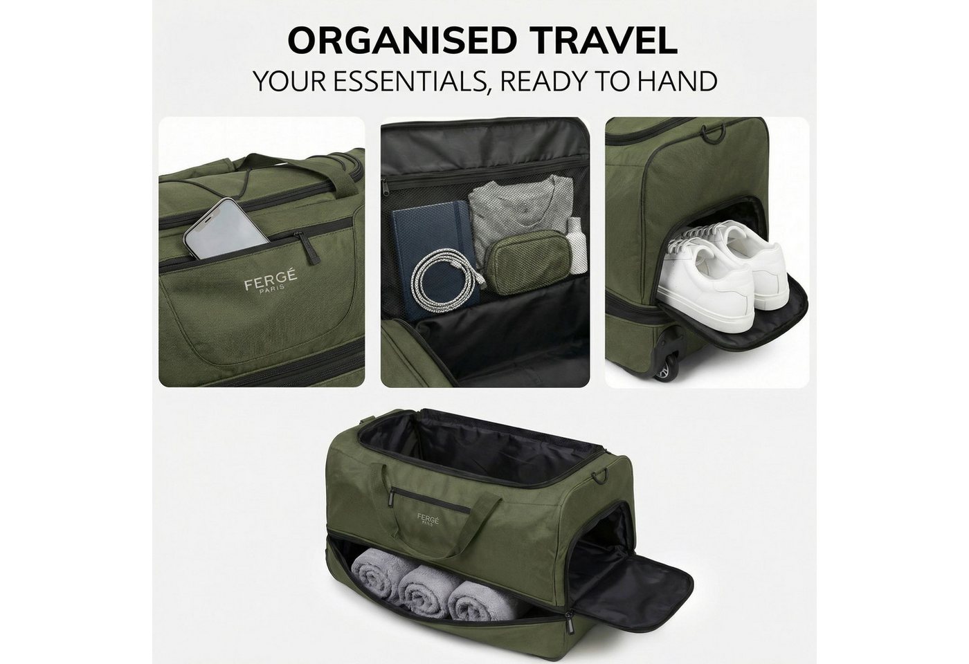 FERGÉ Reisetasche mit Rollen & extra Schuhfach, groß, Handgepäck, Tragetasche aus Nylon, Erweiterbare Reisetasche, Handgepäck / XL, Schuhfach & Außenfächer – Bild 4 von 5
