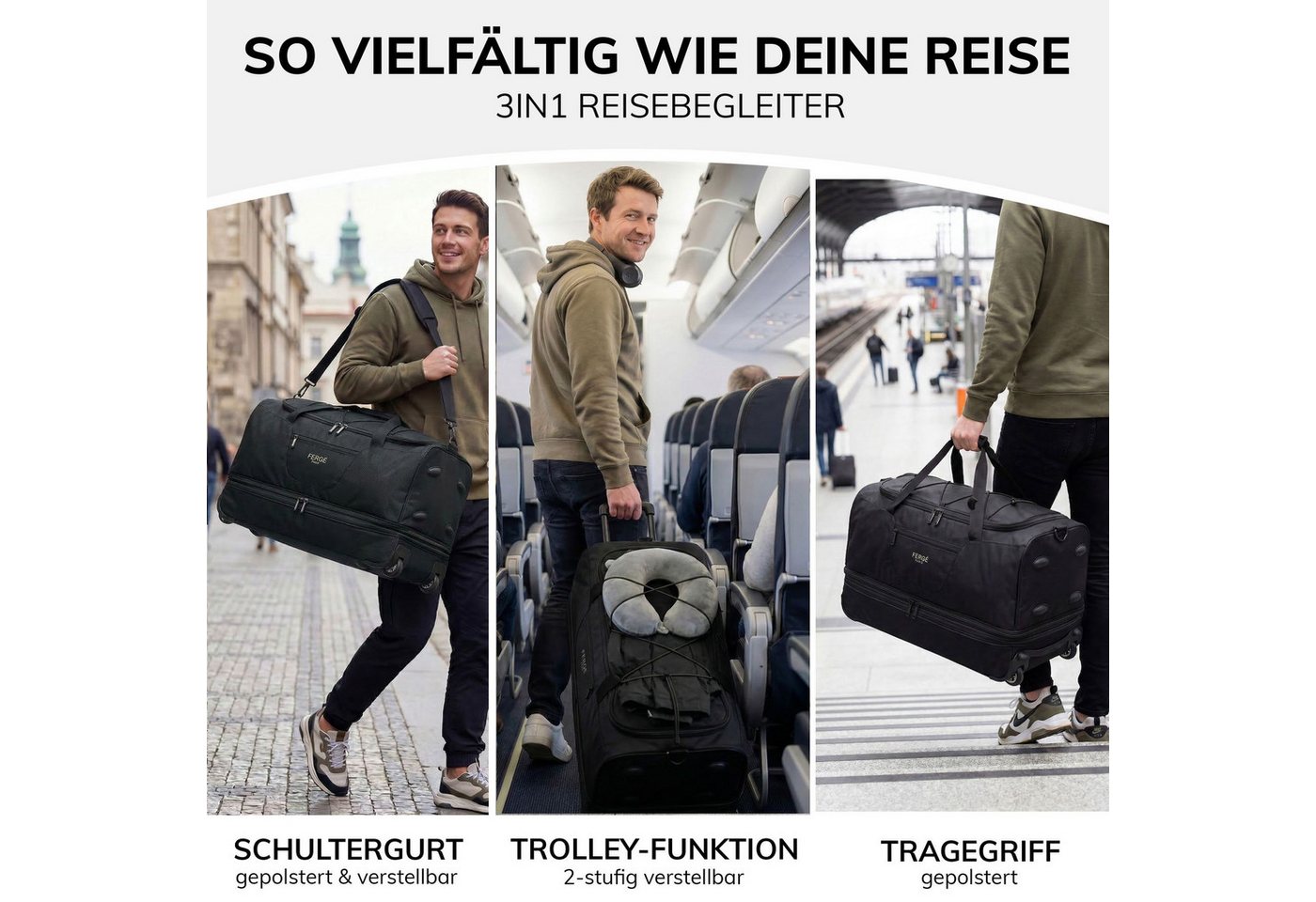 FERGÉ Reisetasche mit Rollen & extra Schuhfach, groß, Handgepäck, Tragetasche aus Nylon, Erweiterbare Reisetasche, Handgepäck / XL, Schuhfach & Außenfächer – Bild 2 von 5