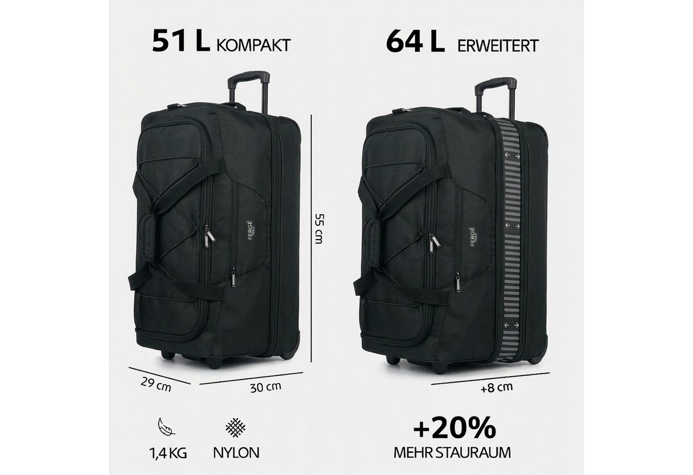 FERGÉ Reisetasche mit Rollen & extra Schuhfach, groß, Handgepäck, Tragetasche aus Nylon, Erweiterbare Reisetasche, Handgepäck / XL, Schuhfach & Außenfächer – Bild 3 von 5