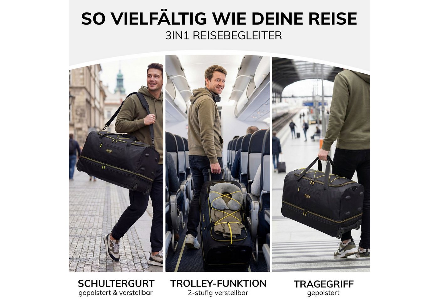 FERGÉ Reisetasche mit Rollen & extra Schuhfach, groß, Handgepäck, Tragetasche aus Nylon, Erweiterbare Reisetasche, Handgepäck / XL, Schuhfach & Außenfächer – Bild 2 von 5