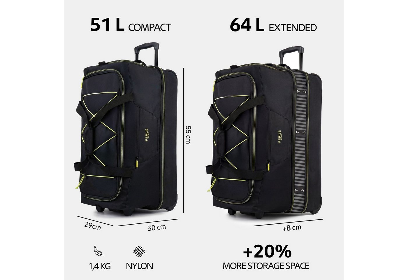 FERGÉ Reisetasche mit Rollen & extra Schuhfach, groß, Handgepäck, Tragetasche aus Nylon, Erweiterbare Reisetasche, Handgepäck / XL, Schuhfach & Außenfächer – Bild 3 von 5