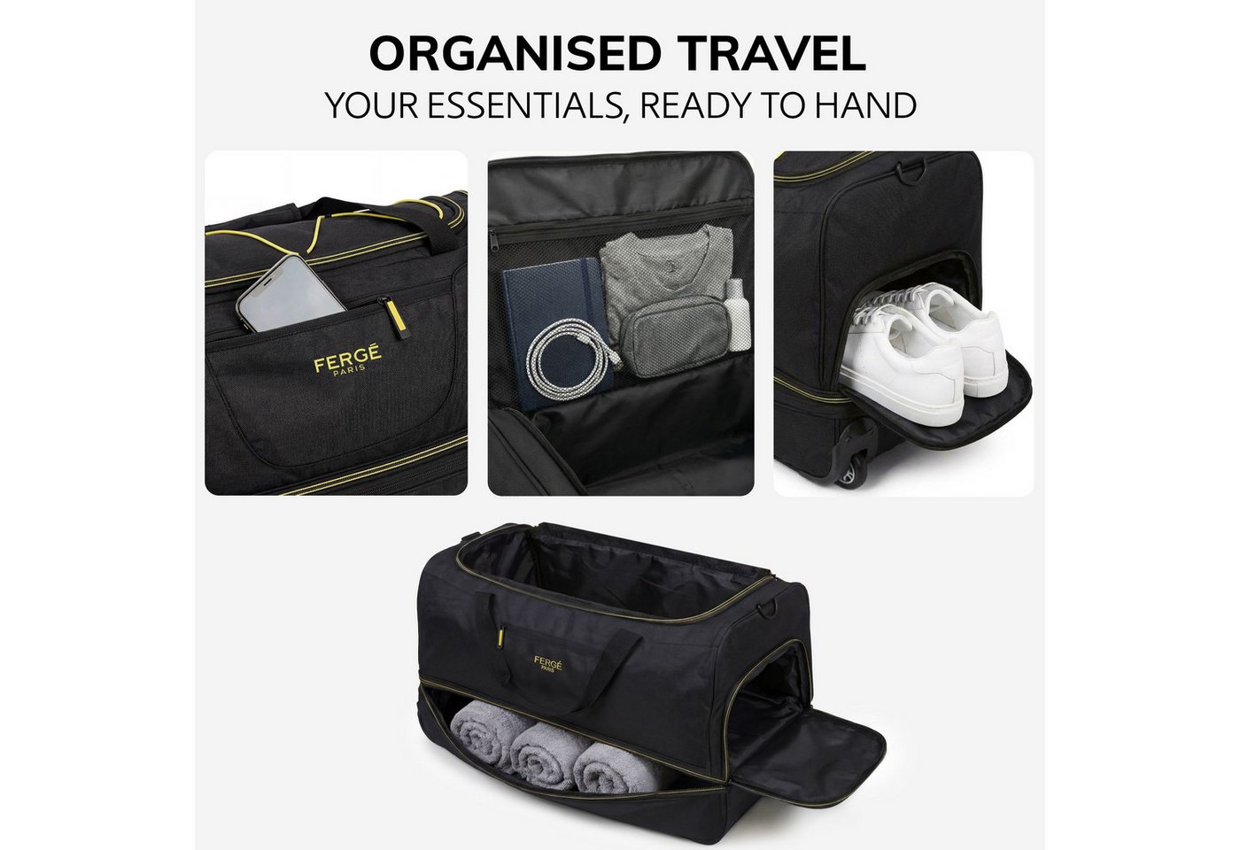 FERGÉ Reisetasche mit Rollen & extra Schuhfach, groß, Handgepäck, Tragetasche aus Nylon, Erweiterbare Reisetasche, Handgepäck / XL, Schuhfach & Außenfächer – Bild 4 von 5