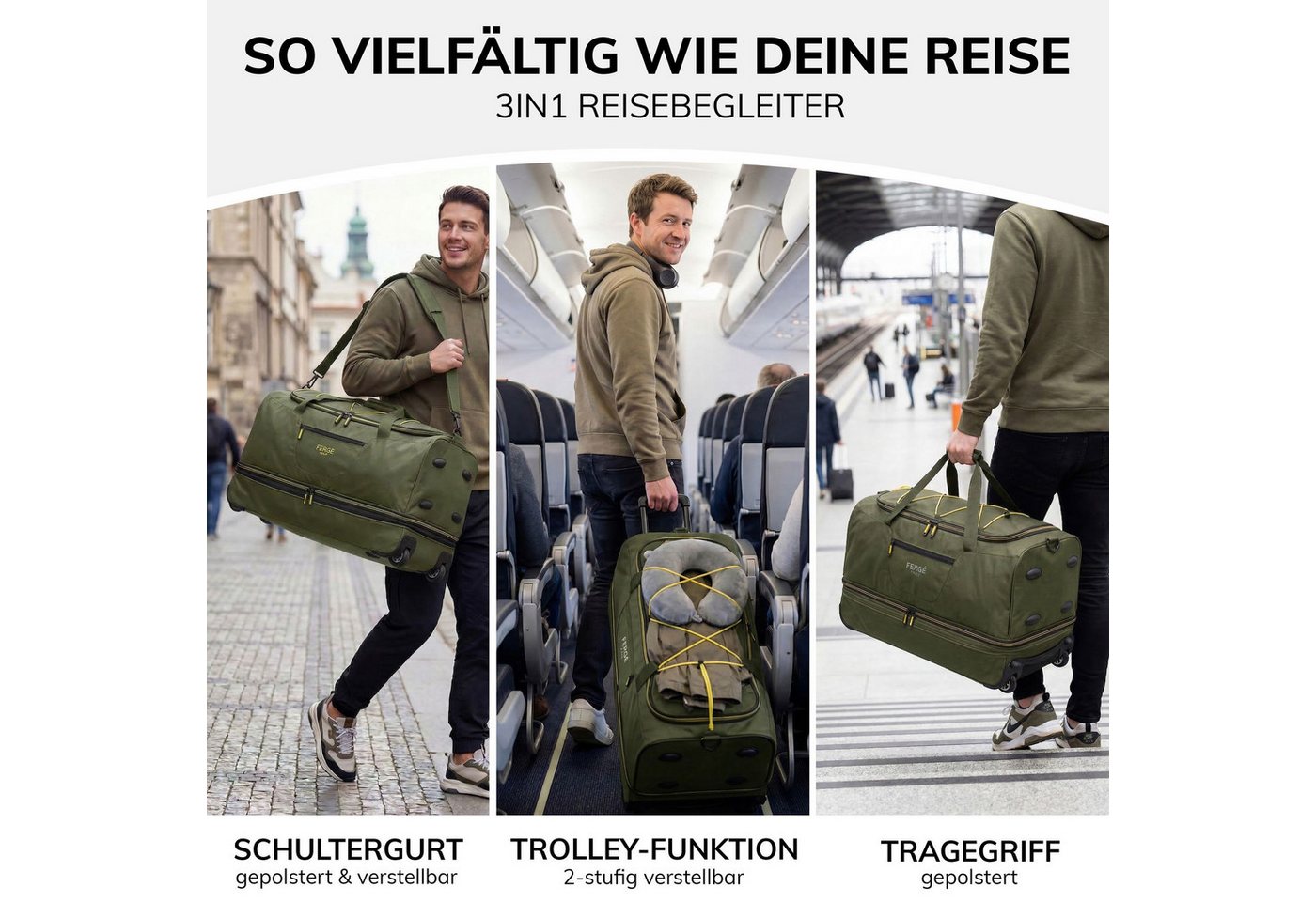 FERGÉ Reisetasche mit Rollen & extra Schuhfach, groß, Handgepäck, Tragetasche aus Nylon, Erweiterbare Reisetasche, Handgepäck / XL, Schuhfach & Außenfächer – Bild 2 von 5