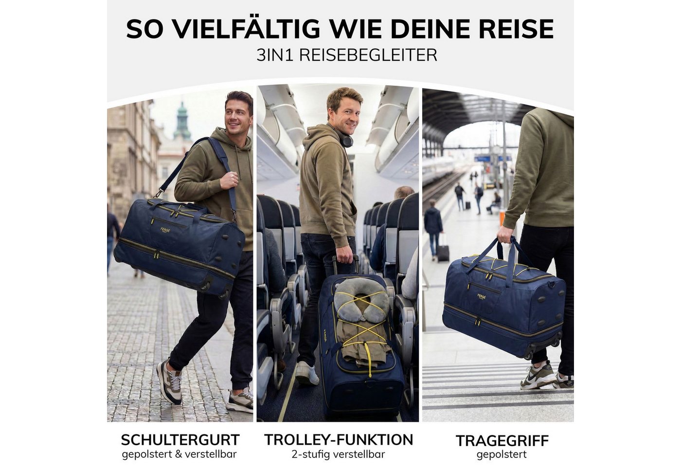 FERGÉ Reisetasche mit Rollen & extra Schuhfach, groß, Handgepäck, Tragetasche aus Nylon, Erweiterbare Reisetasche, Handgepäck / XL, Schuhfach & Außenfächer – Bild 2 von 5