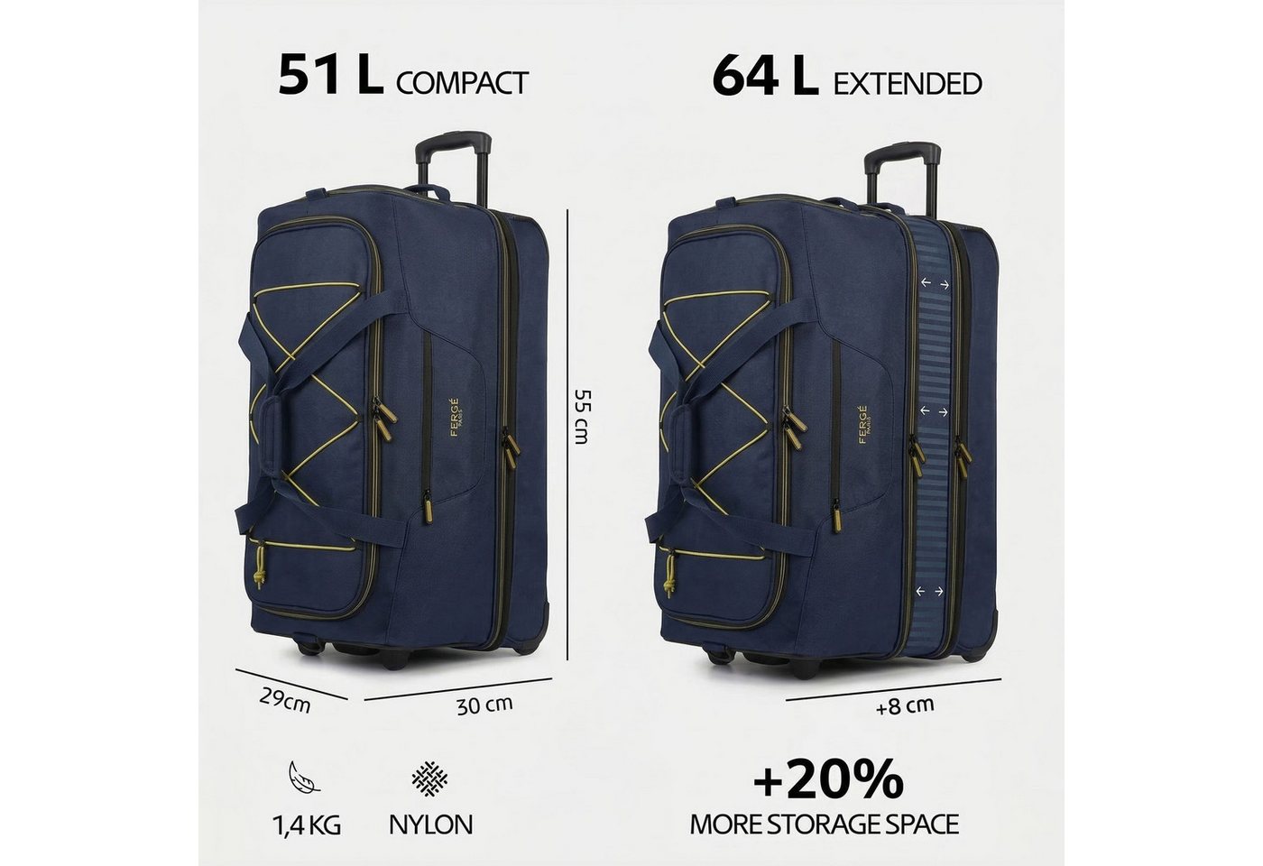 FERGÉ Reisetasche mit Rollen & extra Schuhfach, groß, Handgepäck, Tragetasche aus Nylon, Erweiterbare Reisetasche, Handgepäck / XL, Schuhfach & Außenfächer – Bild 3 von 5