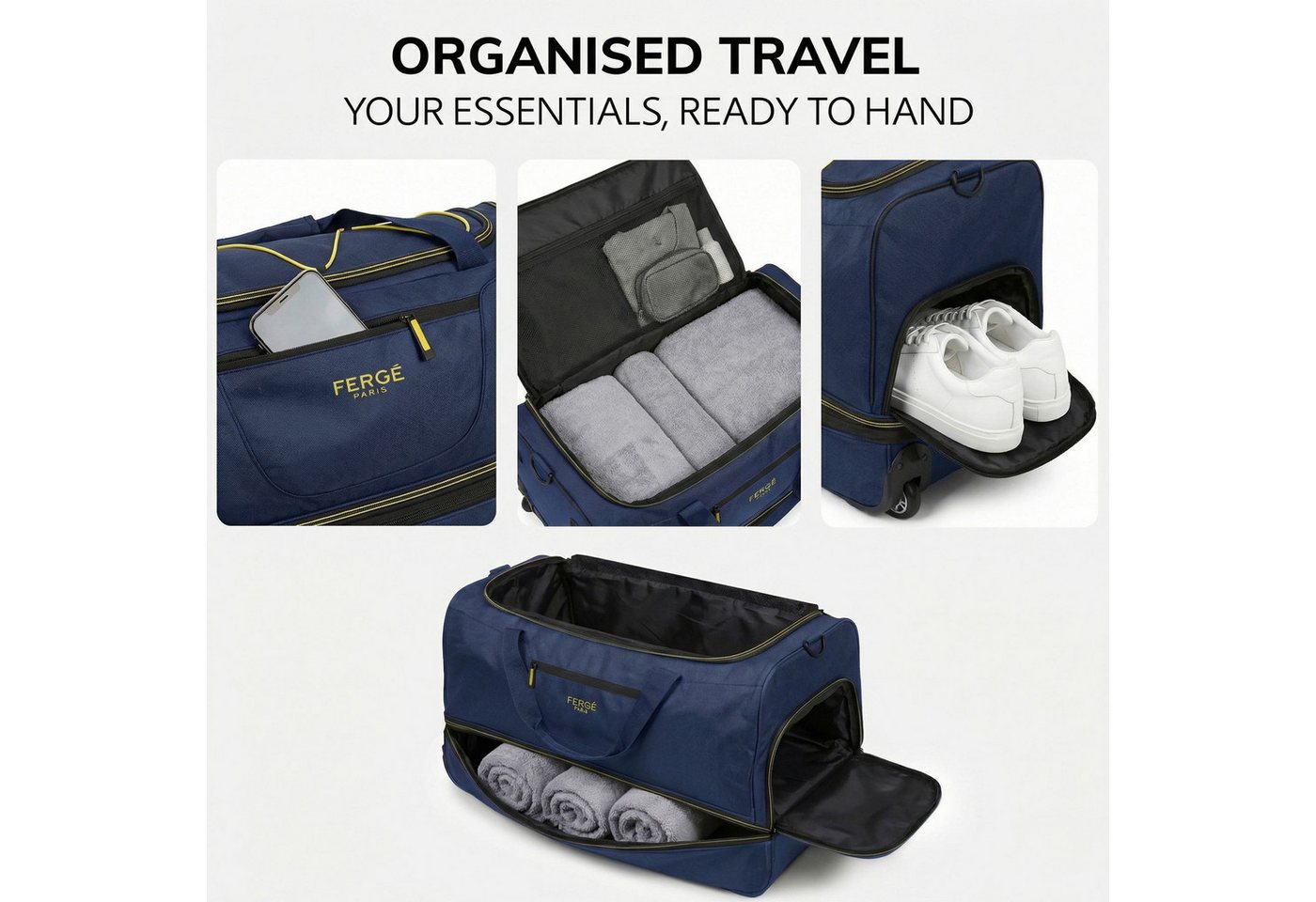 FERGÉ Reisetasche mit Rollen & extra Schuhfach, groß, Handgepäck, Tragetasche aus Nylon, Erweiterbare Reisetasche, Handgepäck / XL, Schuhfach & Außenfächer – Bild 4 von 5