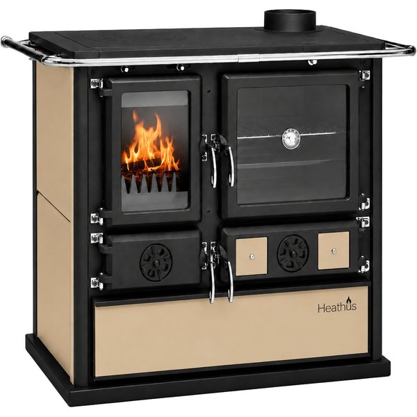 Festbrennstoffherd Cook Premium Beige, 8,9 kW, Zeitbrand, Küchenofen, Ofenherd zum Heizen, Kochen & Backen