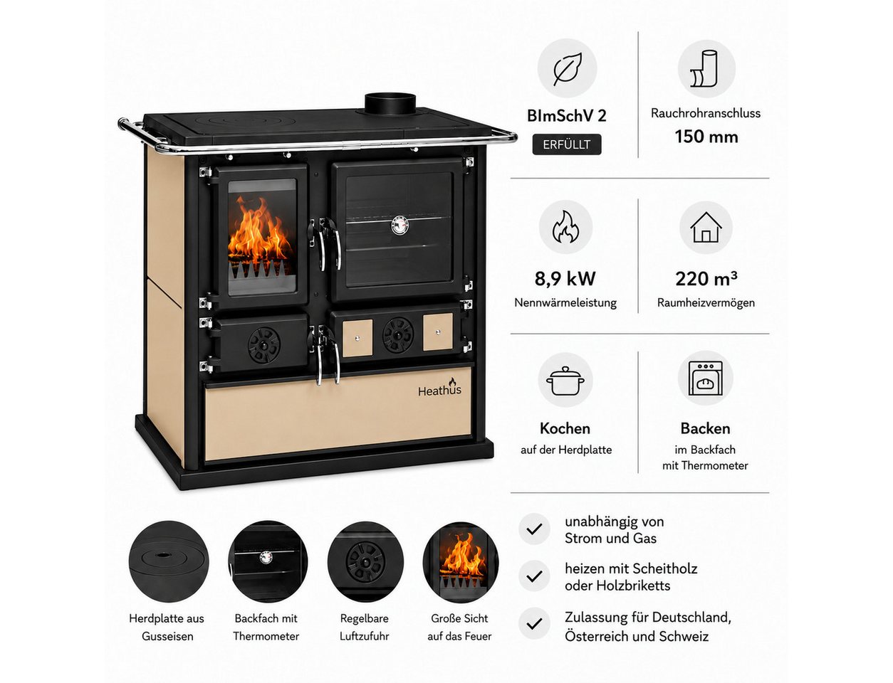 Festbrennstoffherd Cook Premium Beige, 8,9 kW, Zeitbrand, Küchenofen, Ofenherd zum Heizen, Kochen & Backen – Bild 5 von 5
