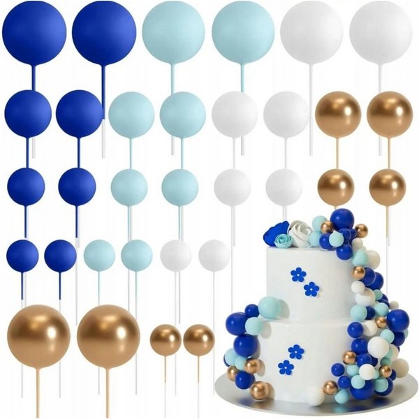 Festivalartikel, Topper Torten Dekoration – Blau-Gold-Weiß Kugeln auf Pik 108 Stück., Schaum PE