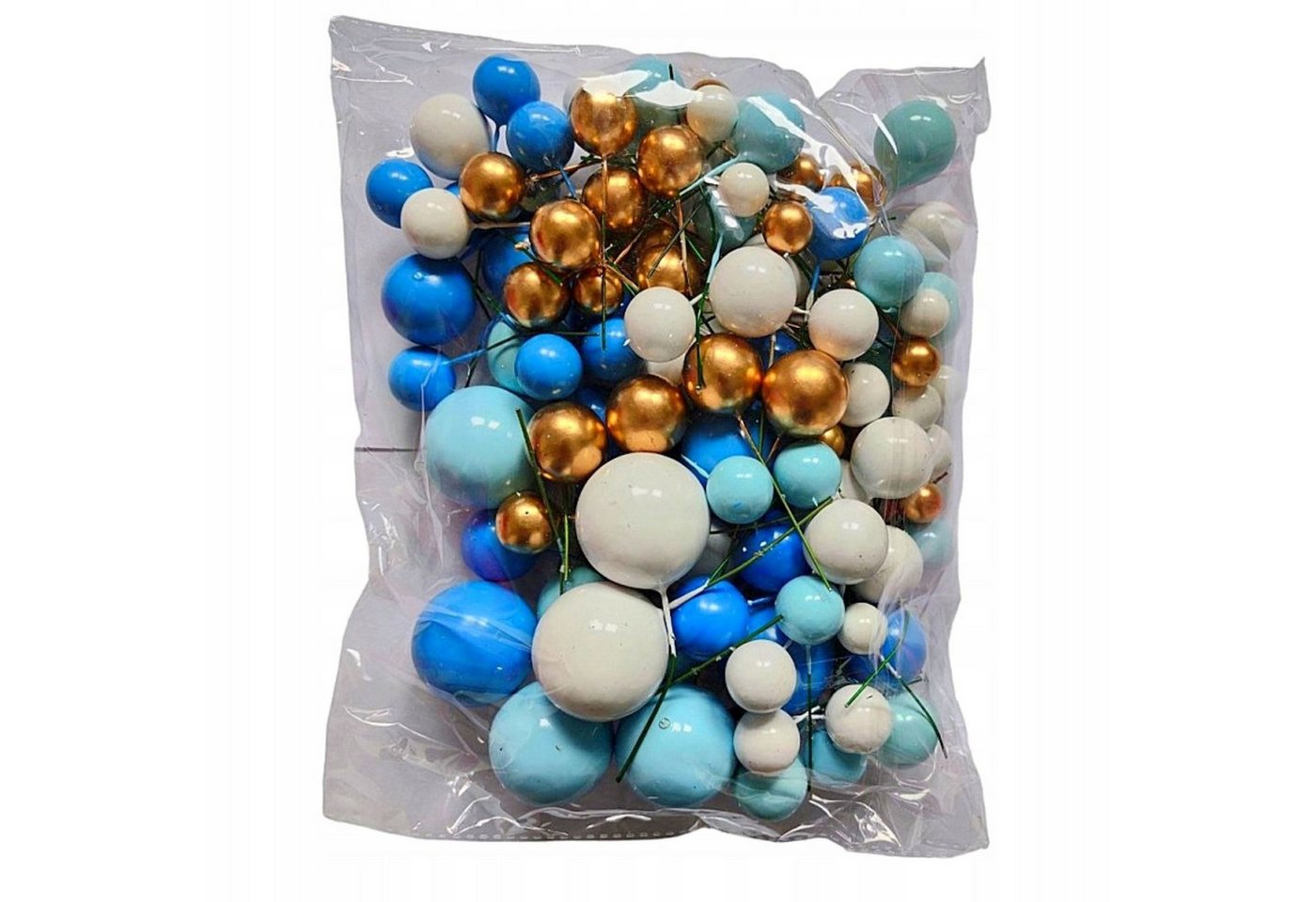 Festivalartikel, Topper Torten Dekoration – Blau-Gold-Weiß Kugeln auf Pik 108 Stück., Schaum PE – Bild 4 von 5