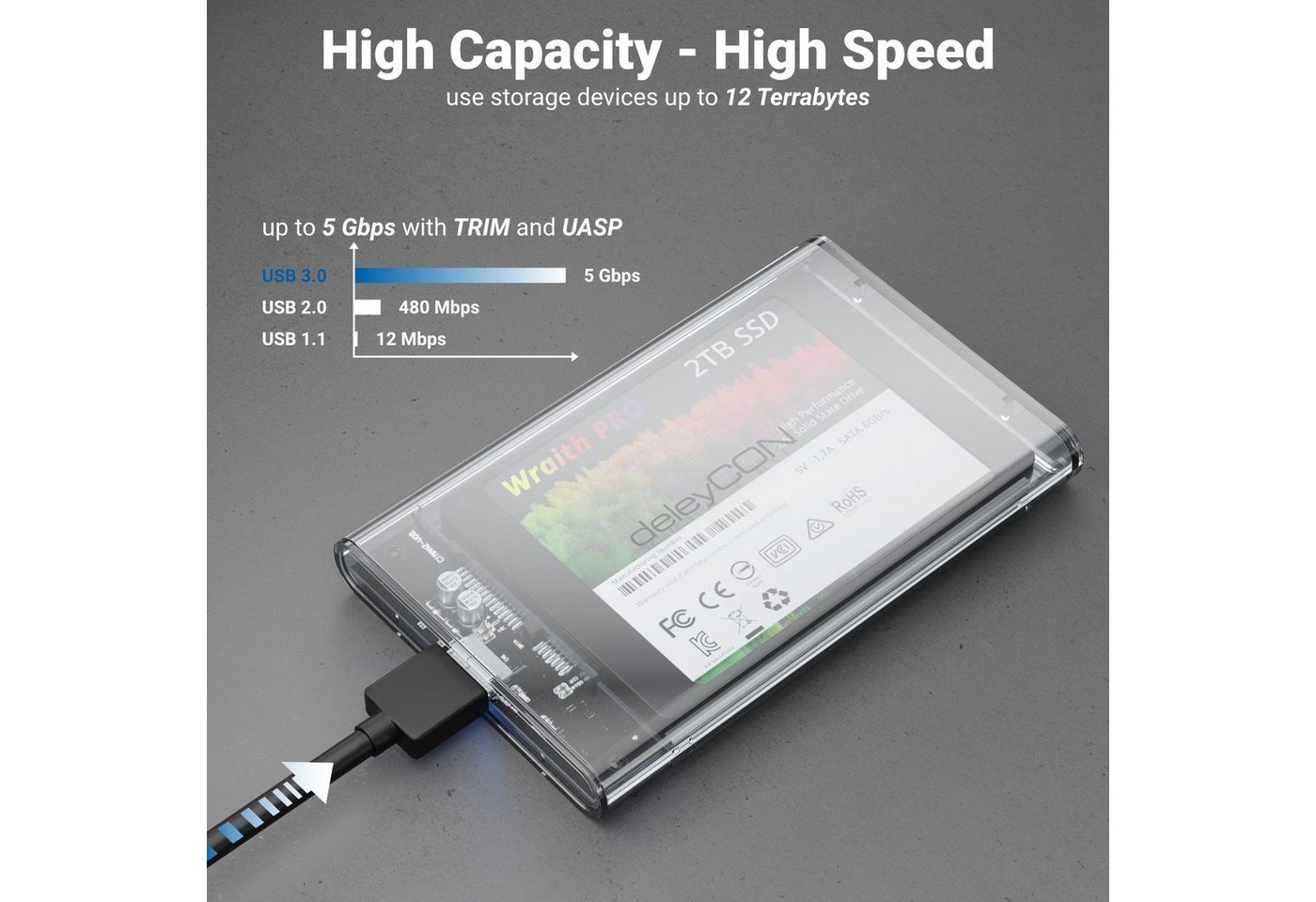 deleyCON Festplatten-Gehäuse deleyCON USB-C Festplattengehäuse 2,5" HDD SSD 7mm 9mm USB3.1 Gen 1 – Bild 2 von 5