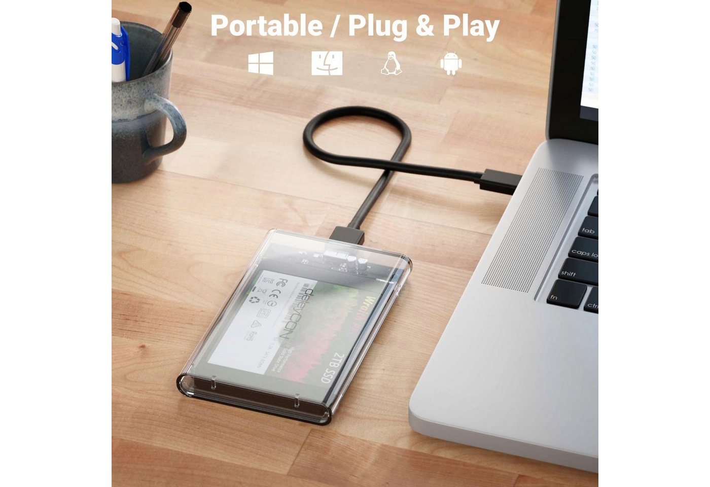 deleyCON Festplatten-Gehäuse deleyCON USB-C Festplattengehäuse 2,5" HDD SSD 7mm 9mm USB3.1 Gen 1 – Bild 3 von 5