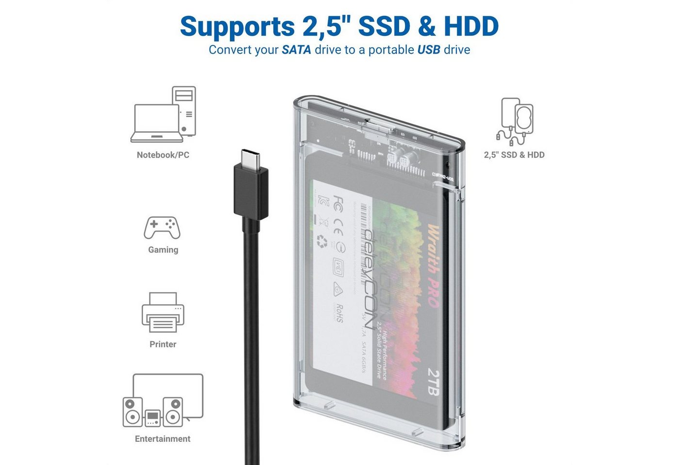 deleyCON Festplatten-Gehäuse deleyCON USB-C Festplattengehäuse 2,5" HDD SSD 7mm 9mm USB3.1 Gen 1 – Bild 5 von 5