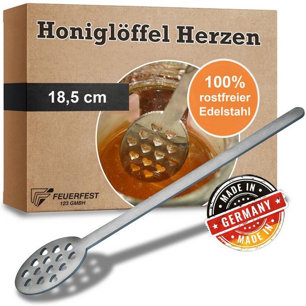 Feuerfest 123 GmbH Servierlöffel Honiglöffel „Herzen“ Edelstahl, Für Honig, Cremehonig oder Sirup - Honey Spoon Honigstab Honigheber