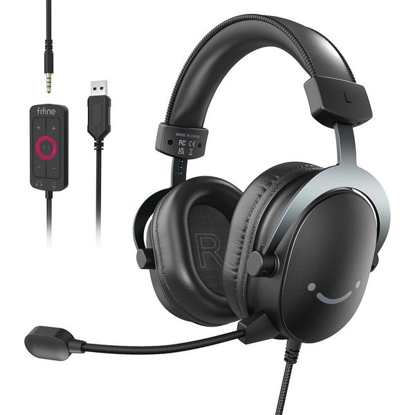FIFINE Mikrofon Gaming Headset mit Mikrofon, Over Ear Kopfhörer mit Kabel, USB Headset für PC PS4 PS5 Xbox Switch, RGB Headphone