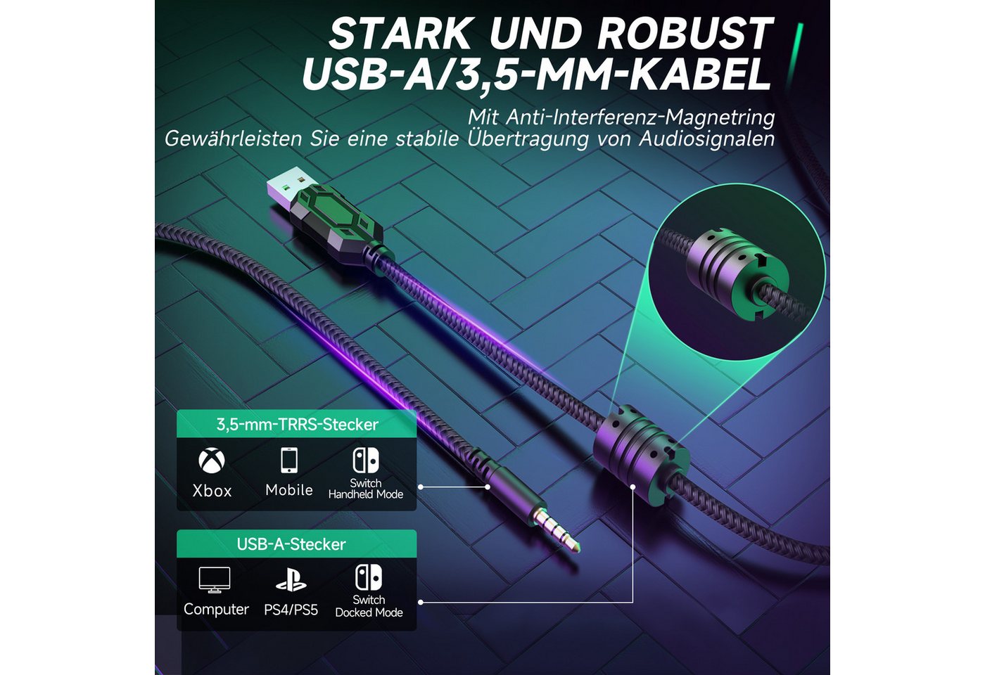 FIFINE Mikrofon Gaming Headset mit Mikrofon, Over Ear Kopfhörer mit Kabel, USB Headset für PC PS4 PS5 Xbox Switch, RGB Headphone – Bild 2 von 5