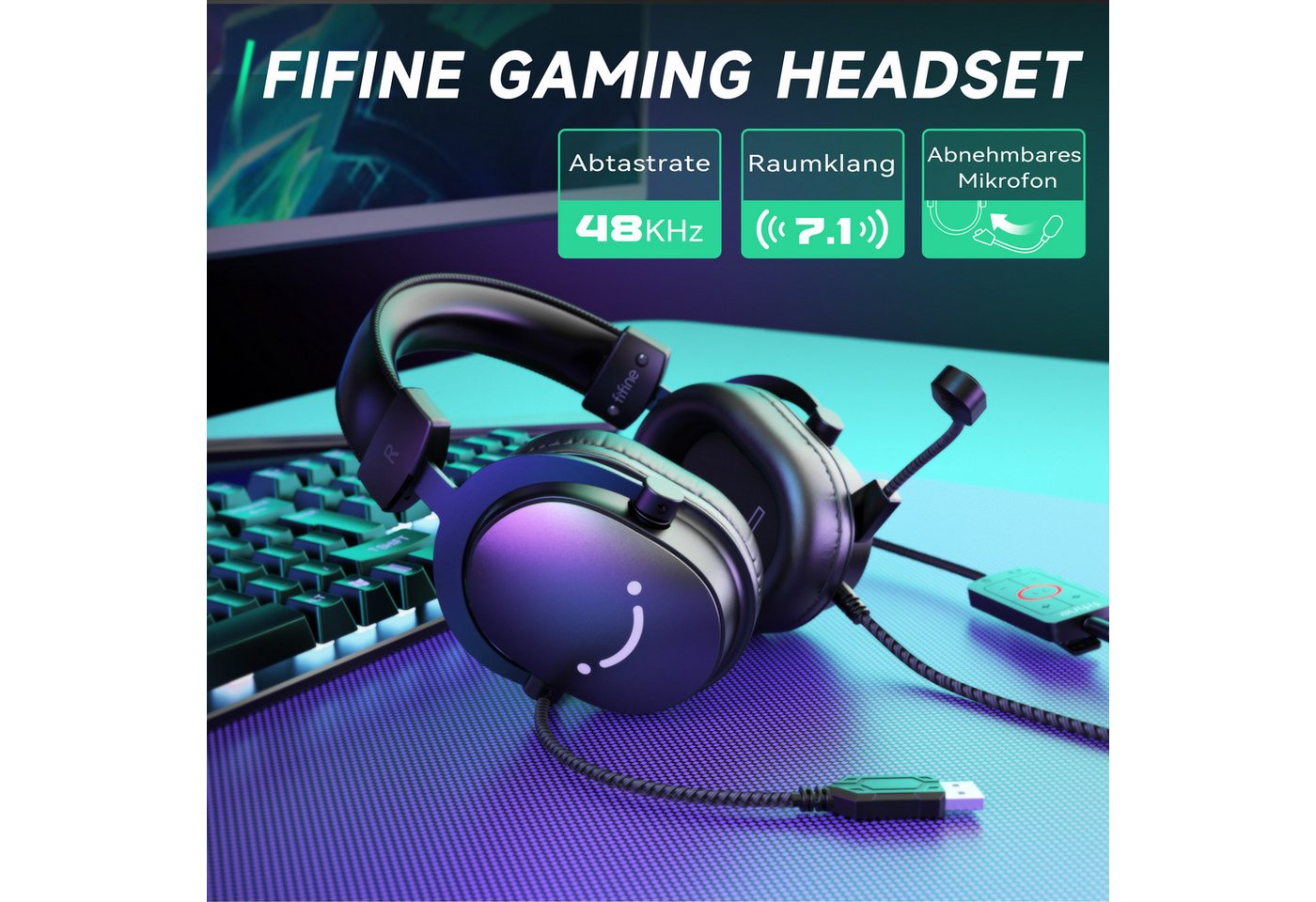 FIFINE Mikrofon Gaming Headset mit Mikrofon, Over Ear Kopfhörer mit Kabel, USB Headset für PC PS4 PS5 Xbox Switch, RGB Headphone – Bild 3 von 5