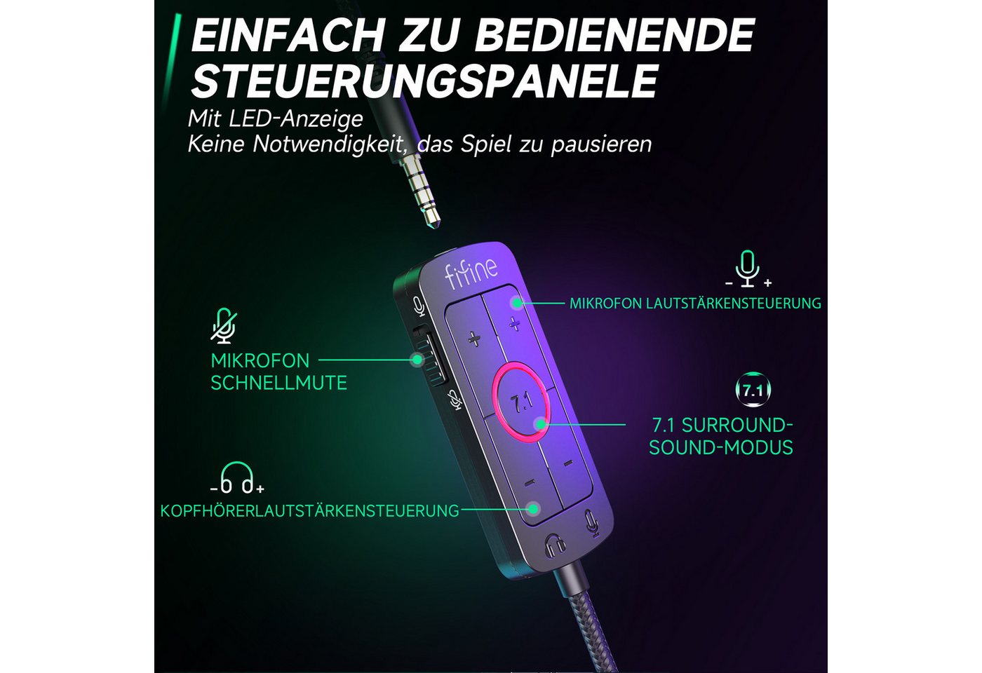 FIFINE Mikrofon Gaming Headset mit Mikrofon, Over Ear Kopfhörer mit Kabel, USB Headset für PC PS4 PS5 Xbox Switch, RGB Headphone – Bild 5 von 5