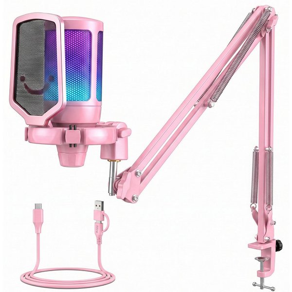 FIFINE Mikrofon USB Mikrofon Streaming mit Arm Kondensator Mikrofon Set PC Gaming RGB, Stummschalttaste, Popfilter und Stoßdämpferhalterung, Pink