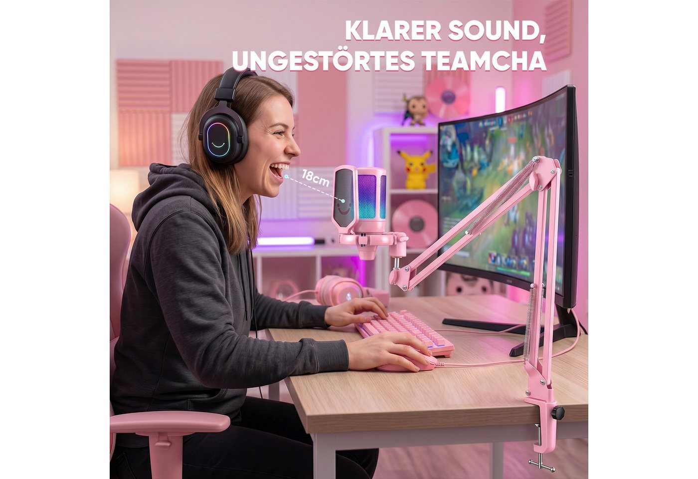 FIFINE Mikrofon USB Mikrofon Streaming mit Arm Kondensator Mikrofon Set PC Gaming RGB, Stummschalttaste, Popfilter und Stoßdämpferhalterung, Pink – Bild 2 von 5