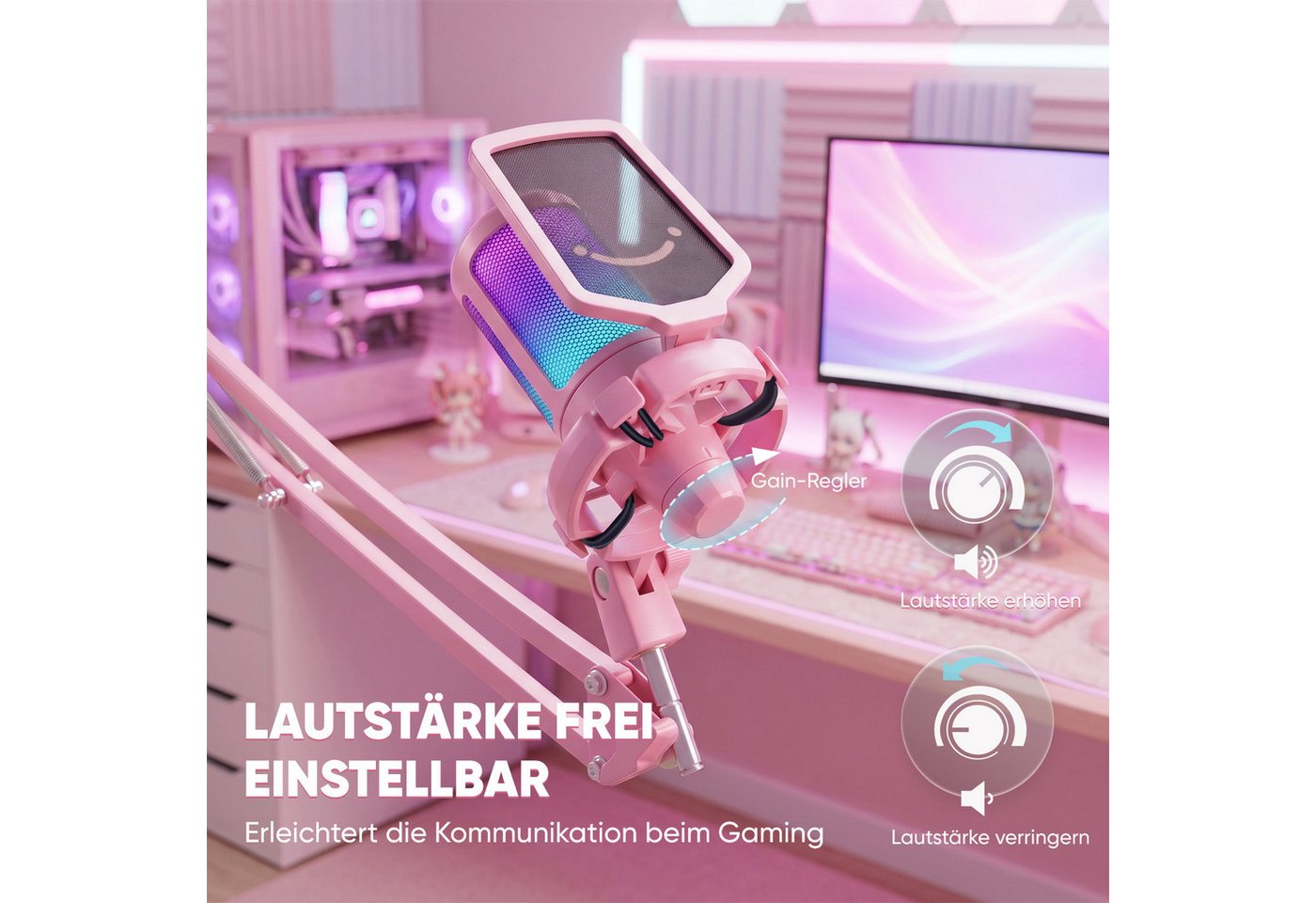 FIFINE Mikrofon USB Mikrofon Streaming mit Arm Kondensator Mikrofon Set PC Gaming RGB, Stummschalttaste, Popfilter und Stoßdämpferhalterung, Pink – Bild 3 von 5