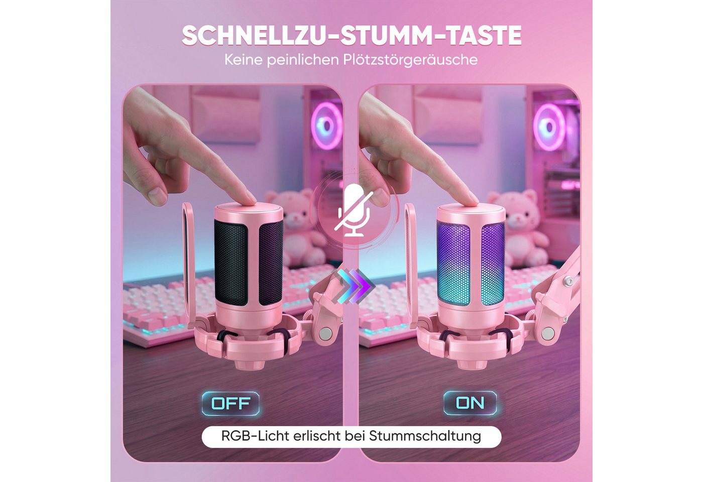 FIFINE Mikrofon USB Mikrofon Streaming mit Arm Kondensator Mikrofon Set PC Gaming RGB, Stummschalttaste, Popfilter und Stoßdämpferhalterung, Pink – Bild 4 von 5
