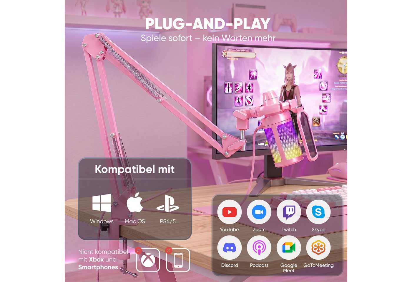 FIFINE Mikrofon USB Mikrofon Streaming mit Arm Kondensator Mikrofon Set PC Gaming RGB, Stummschalttaste, Popfilter und Stoßdämpferhalterung, Pink – Bild 5 von 5