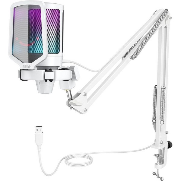 FIFINE Mikrofon USB Mikrofon Streaming mit Arm Kondensator Mikrofon Set PC Gaming RGB, Stummschalttaste, Popfilter und Stoßdämpferhalterung, Weiß