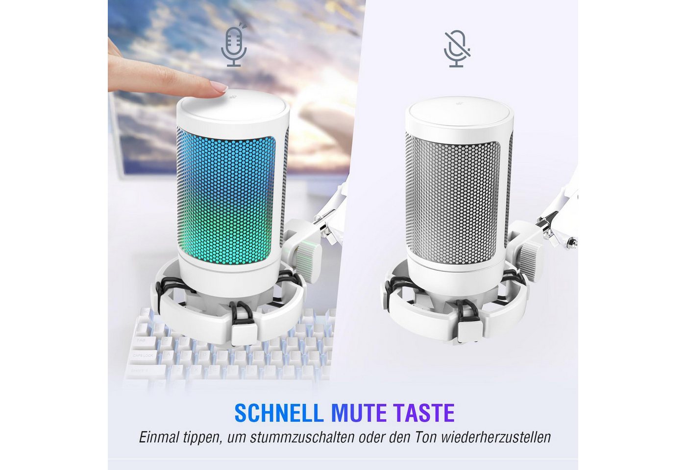 FIFINE Mikrofon USB Mikrofon Streaming mit Arm Kondensator Mikrofon Set PC Gaming RGB, Stummschalttaste, Popfilter und Stoßdämpferhalterung, Weiß – Bild 2 von 5