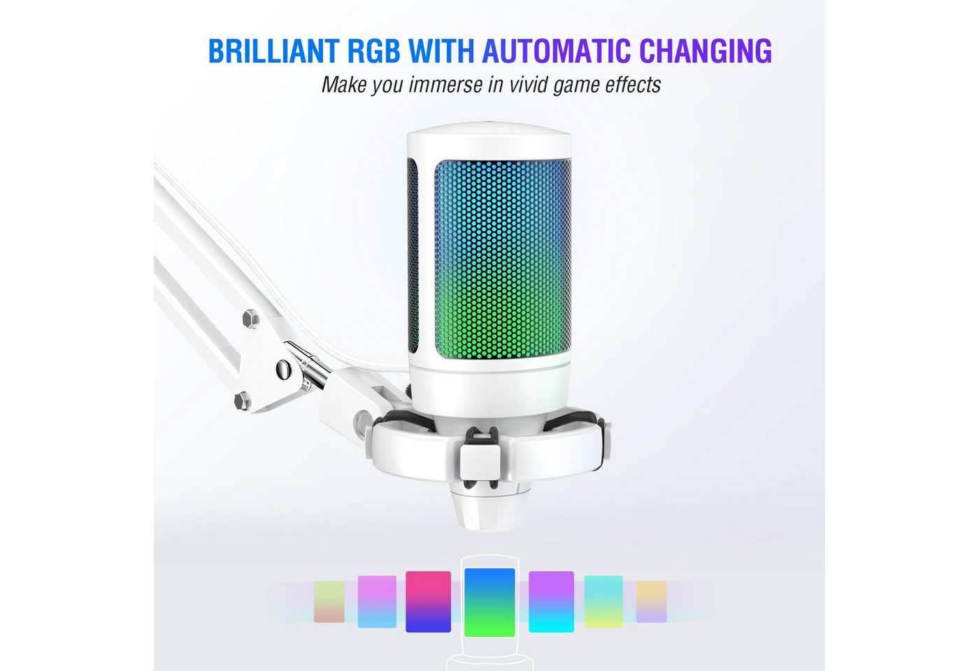 FIFINE Mikrofon USB Mikrofon Streaming mit Arm Kondensator Mikrofon Set PC Gaming RGB, Stummschalttaste, Popfilter und Stoßdämpferhalterung, Weiß – Bild 4 von 5
