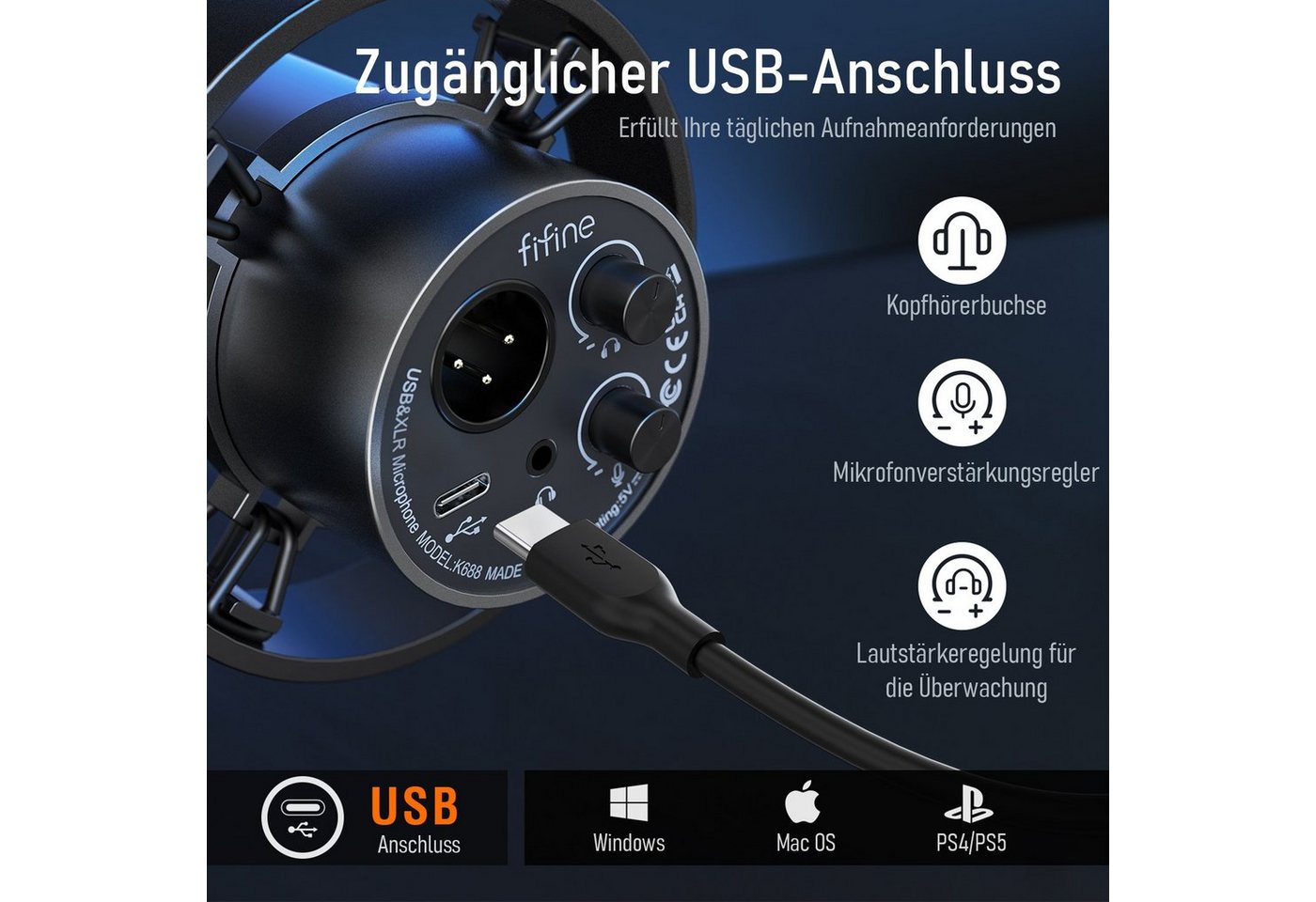 FIFINE Mikrofon XLR Studio Mikrofon Dynamisches USB Microphone PC, für Streaming Podcast Gaming für PS4/5 Mac Mixer Soundkarten – Bild 4 von 5