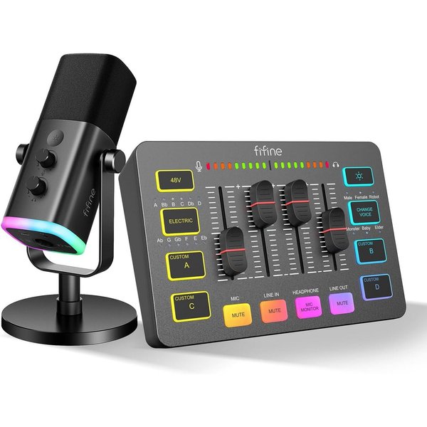 FIFINE Mischpult Gaming Audio Mixer, Streaming RGB PC Mixer mit XLR Mikrofon Interface, XLR Streaming Mikrofon & Gaming Audio Mixer für Podcast Studio
