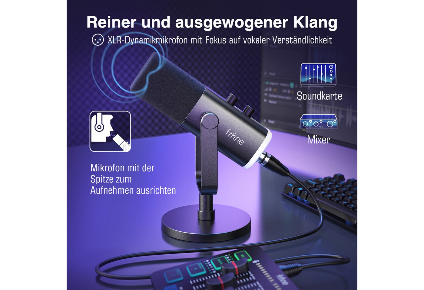 FIFINE Mischpult Gaming Audio Mixer, Streaming RGB PC Mixer mit XLR Mikrofon Interface, XLR Streaming Mikrofon & Gaming Audio Mixer für Podcast Studio – Bild 2 von 5