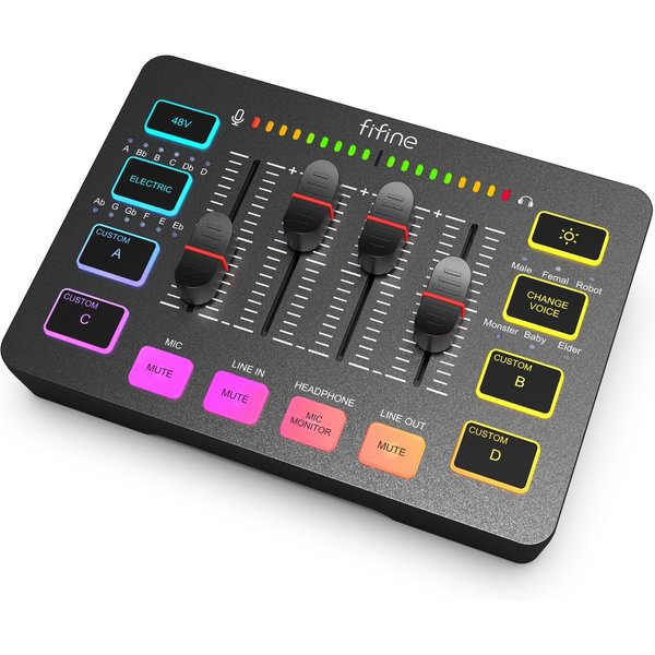 FIFINE Mischpult Mischpult Gaming Audio Mixer, Streaming PC Mixer für Podcast, Gesang, individuelle Steuerung, Stummschaltungstaste, 48V Phantomspeisung