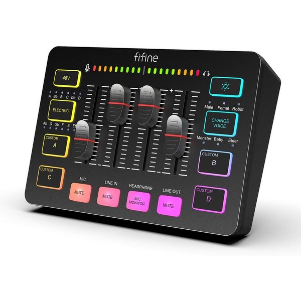 FIFINE Mischpult Gaming Audio Mixer, Streaming RGB PC Mixer mit XLR Mikrofon Interface, individuelle Steuerung, Lautstärkeregler, Stummschaltungstaste