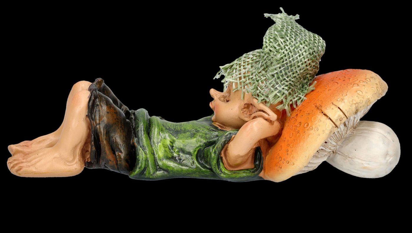 Figuren Shop GmbH Dekofigur Pixie Kobold Figur - Schlafend mit Pilz-Kissen - Dekofigur Zwerg Pilz – Bild 5 von 5