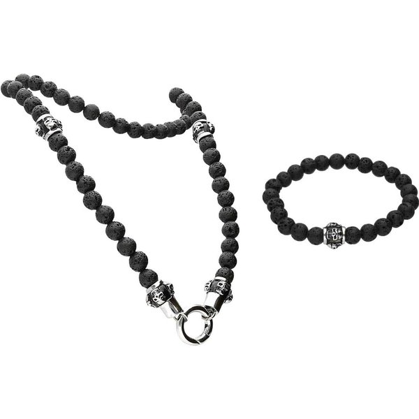 FILANGO Gliederkette SET Lavastein Kugelkette + Kugelarmband TOTENKÖPFE (Ketten)