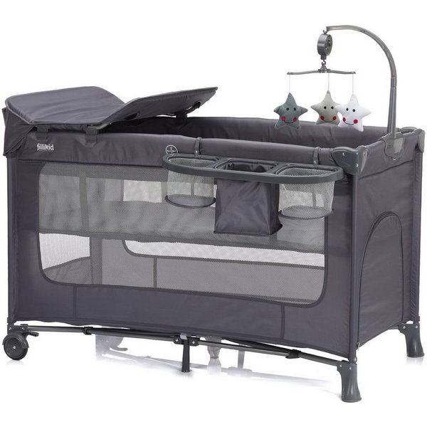 Fillikid Baby-Reisebett Capri - Dunkelgrau, Baby Kinder Reisebett mit Wickelauflage, Einstieg, Mobile & Tasche